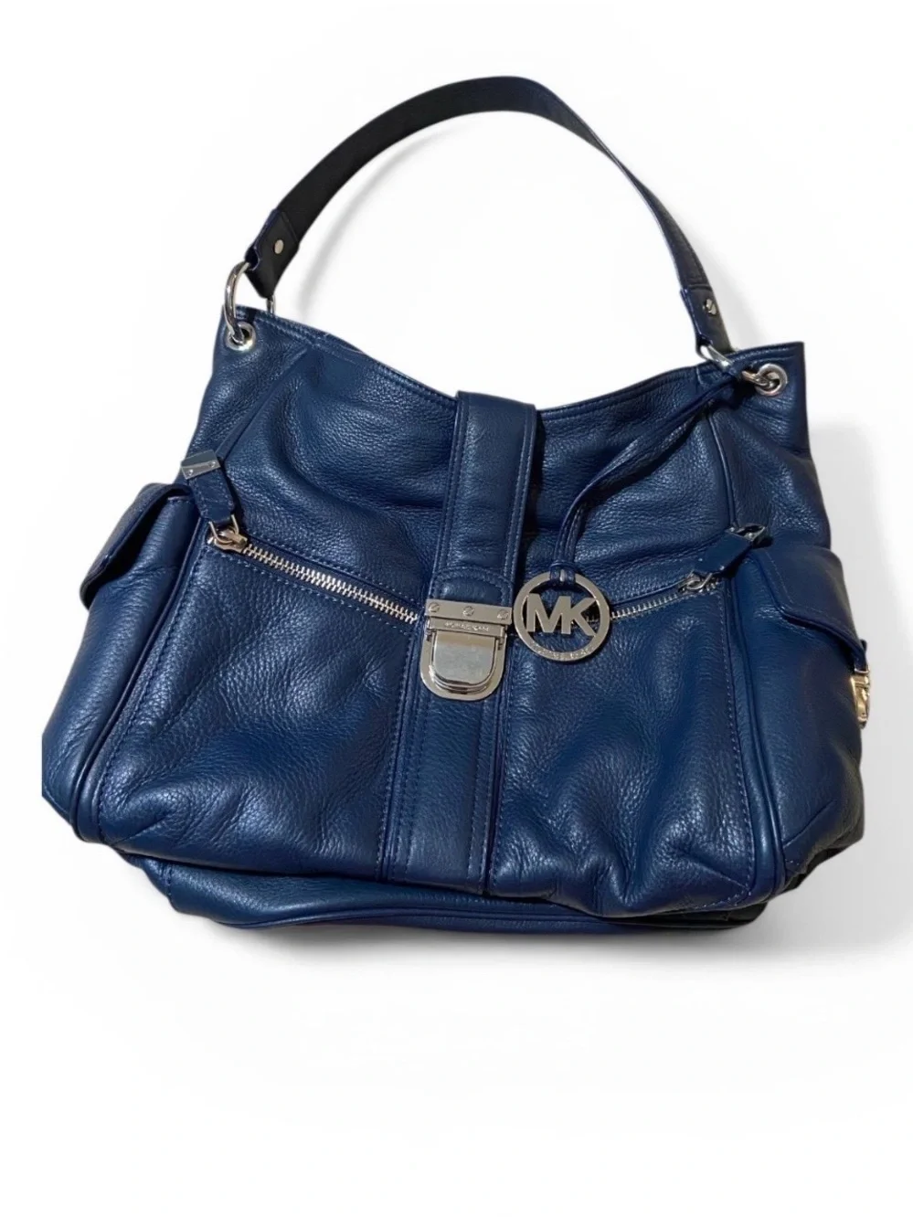 Michael Kors Navy Pebbled Leather Hobo Shoulder Bag Silver Hardware EUC